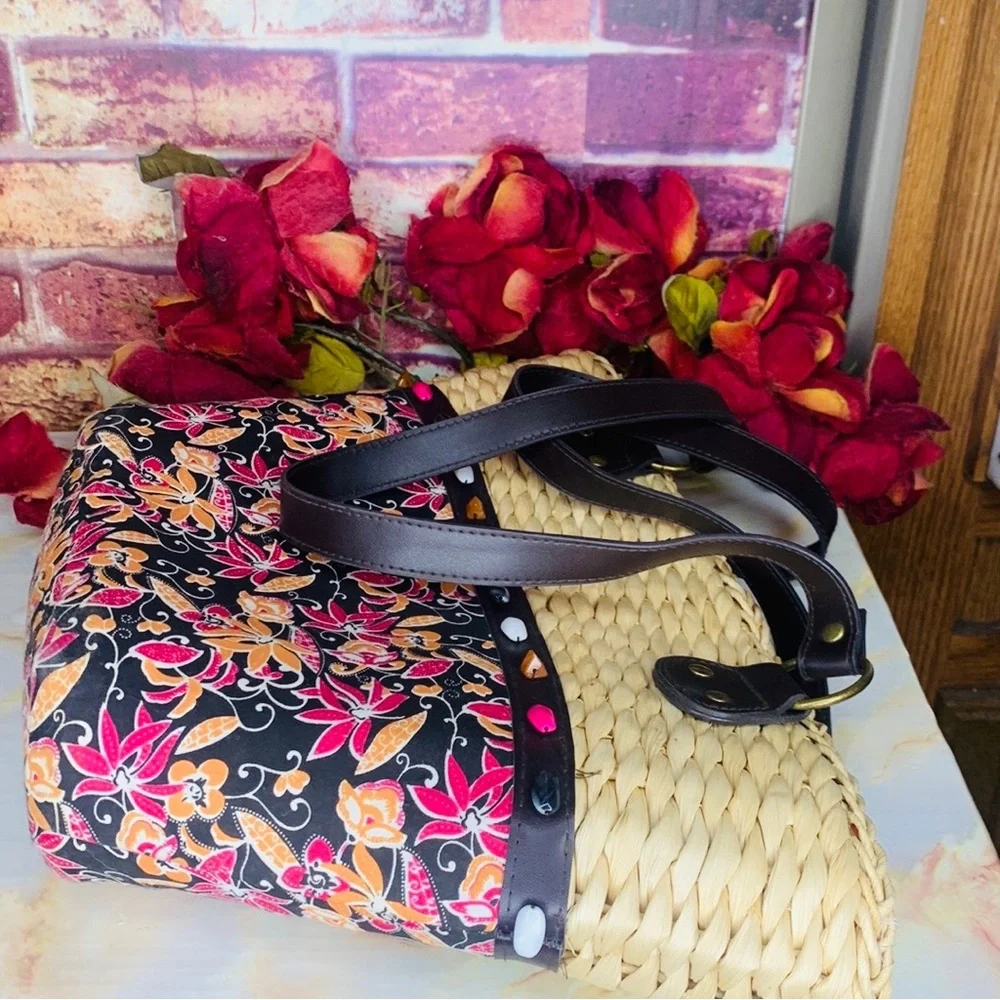 Woven Rattan and Canvas Beaded Floral Market Tote